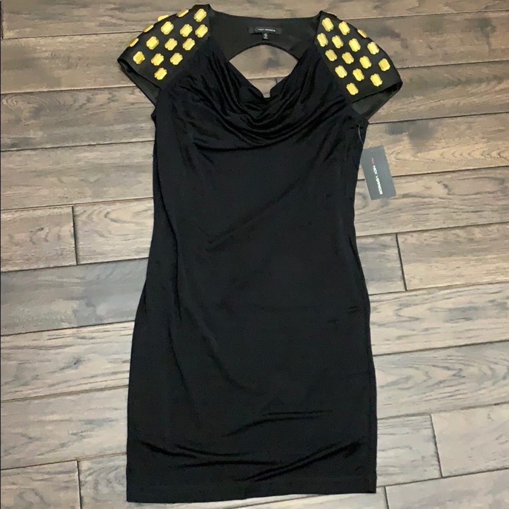 Nick Verreos Black with Gold cocktail dress. New.